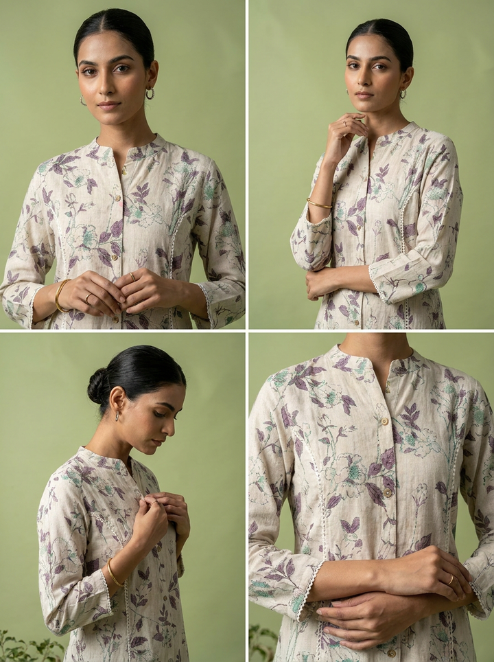 Off White And Purple Linen Printed Two Piece Set