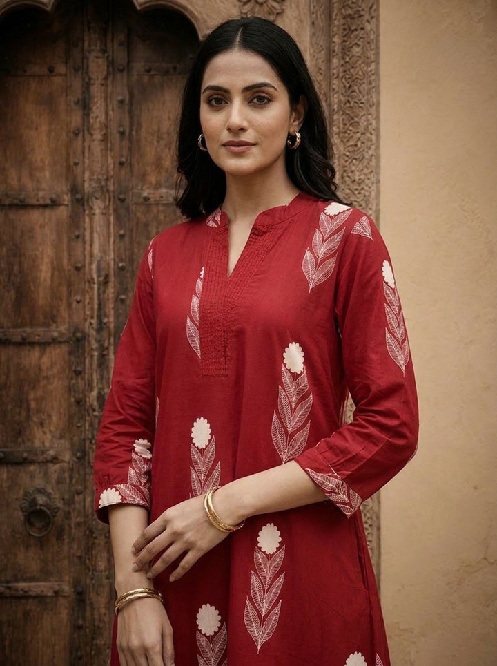 Maroon Cotton Hand Block Printed Two Piece Set
