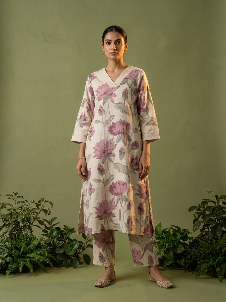 Purple Cotton Floral Printed Two Piece Set