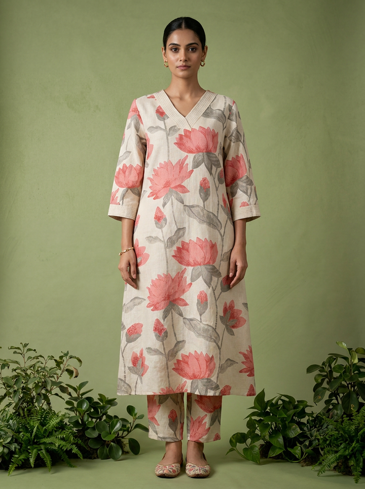 Peach Cotton Floral Printed Two Piece Set