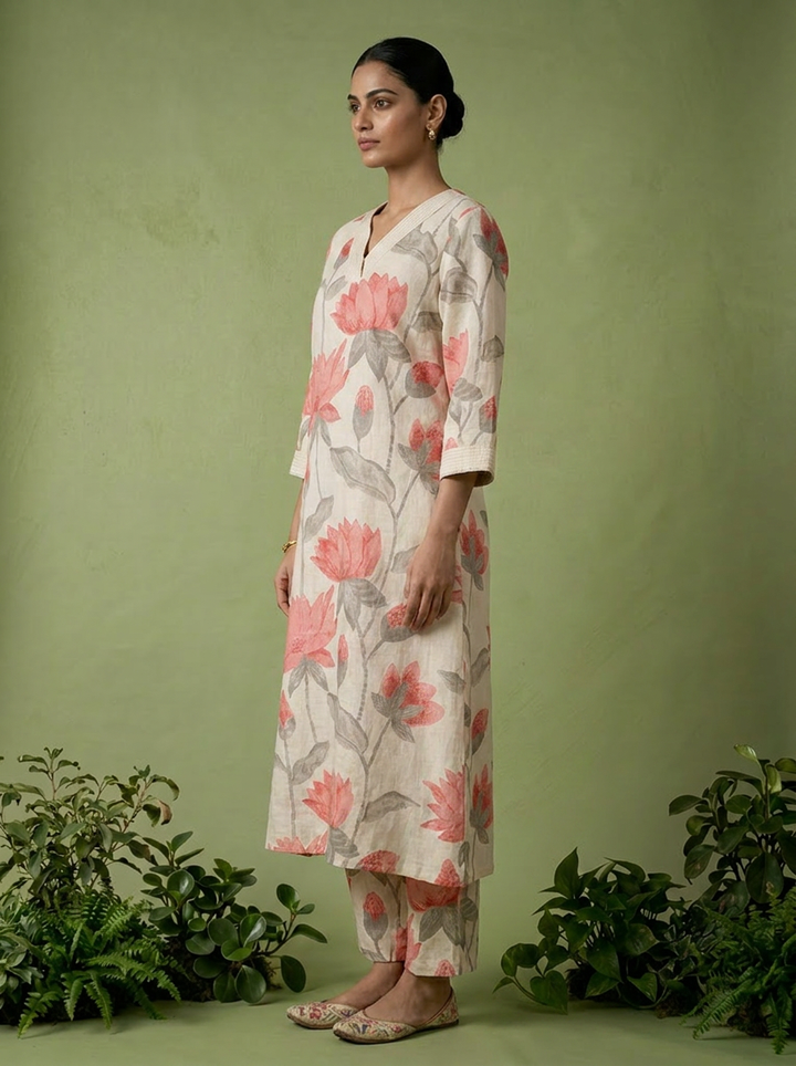 Peach Cotton Floral Printed Two Piece Set