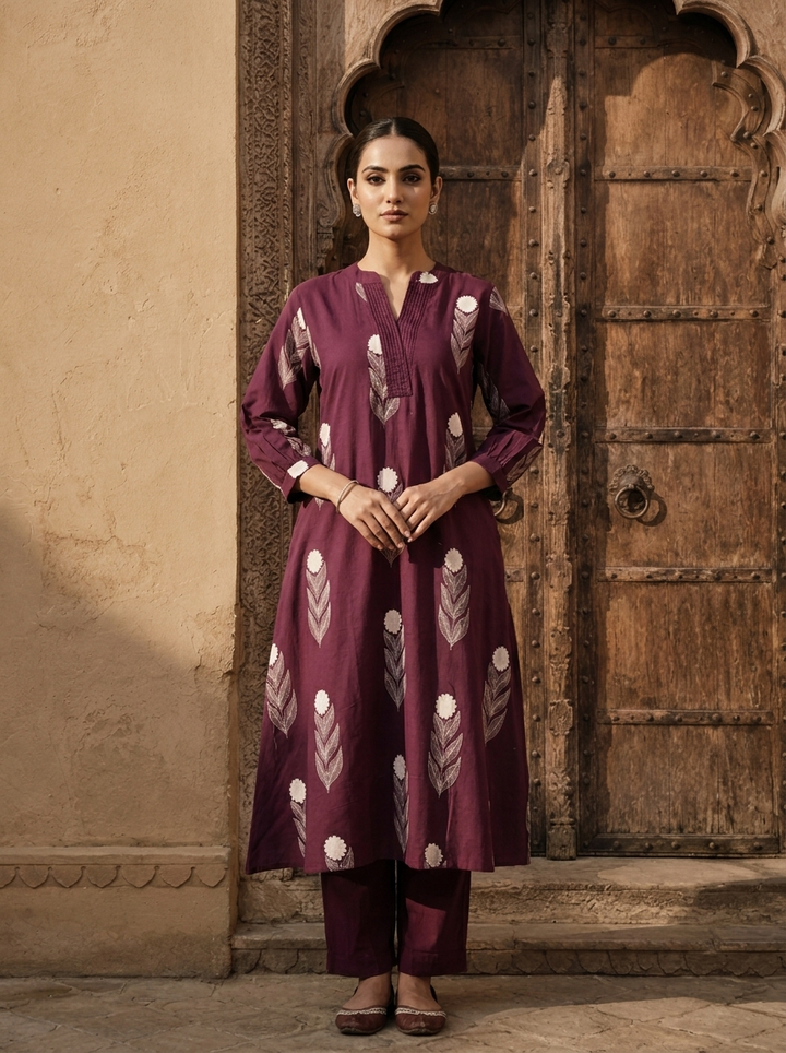 Wine Cotton Printed Two Piece Set
