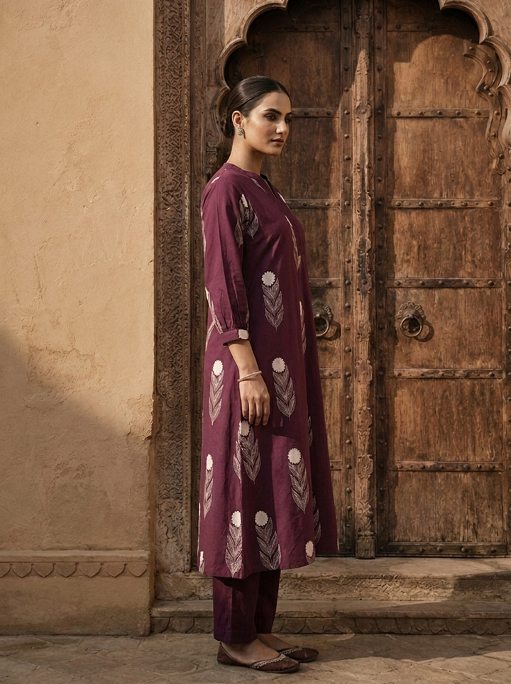 Wine Cotton Printed Two Piece Set