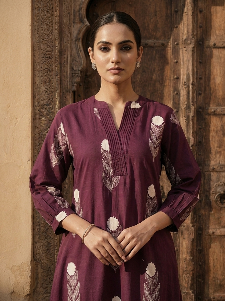Wine Cotton Printed Two Piece Set