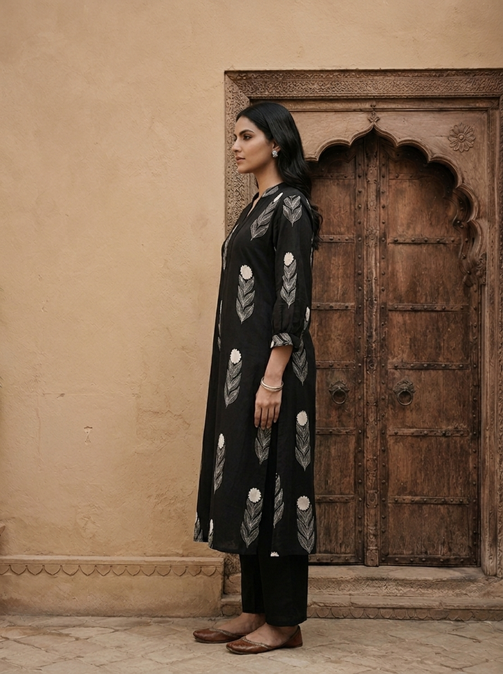 Black Cotton Hand Block Printed Two Piece Set
