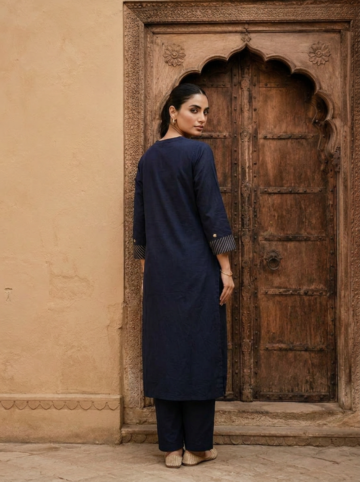 Navy Blue Cotton Floral Thread And Sequins Embroidered Two Piece Set