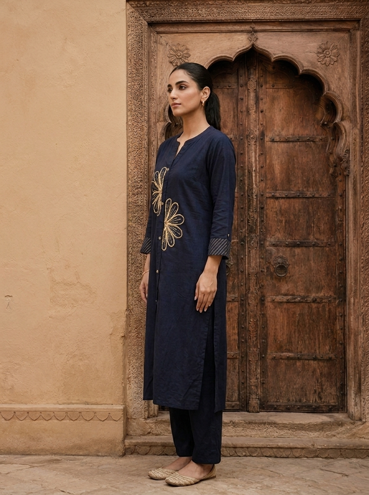 Navy Blue Cotton Floral Thread And Sequins Embroidered Two Piece Set