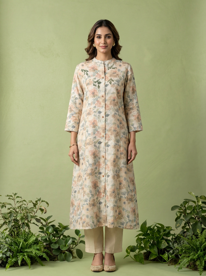 Beige Floral Printed And Mirror Embroidered Linen Two Piece Set