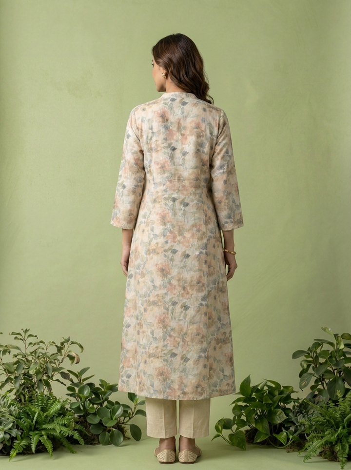 Beige Floral Printed And Mirror Embroidered Linen Two Piece Set