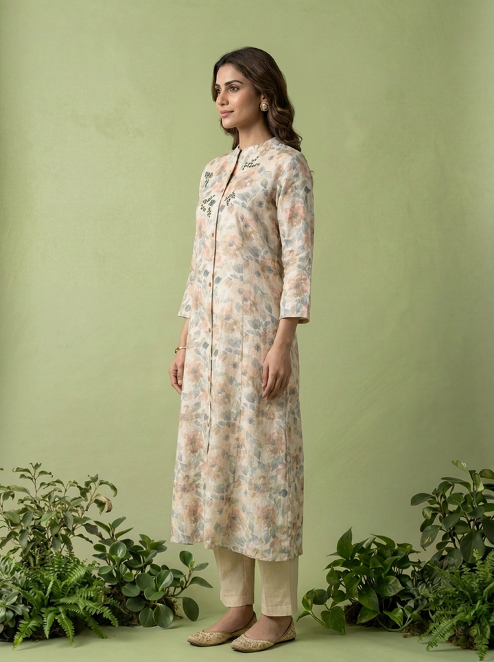Beige Floral Printed And Mirror Embroidered Linen Two Piece Set