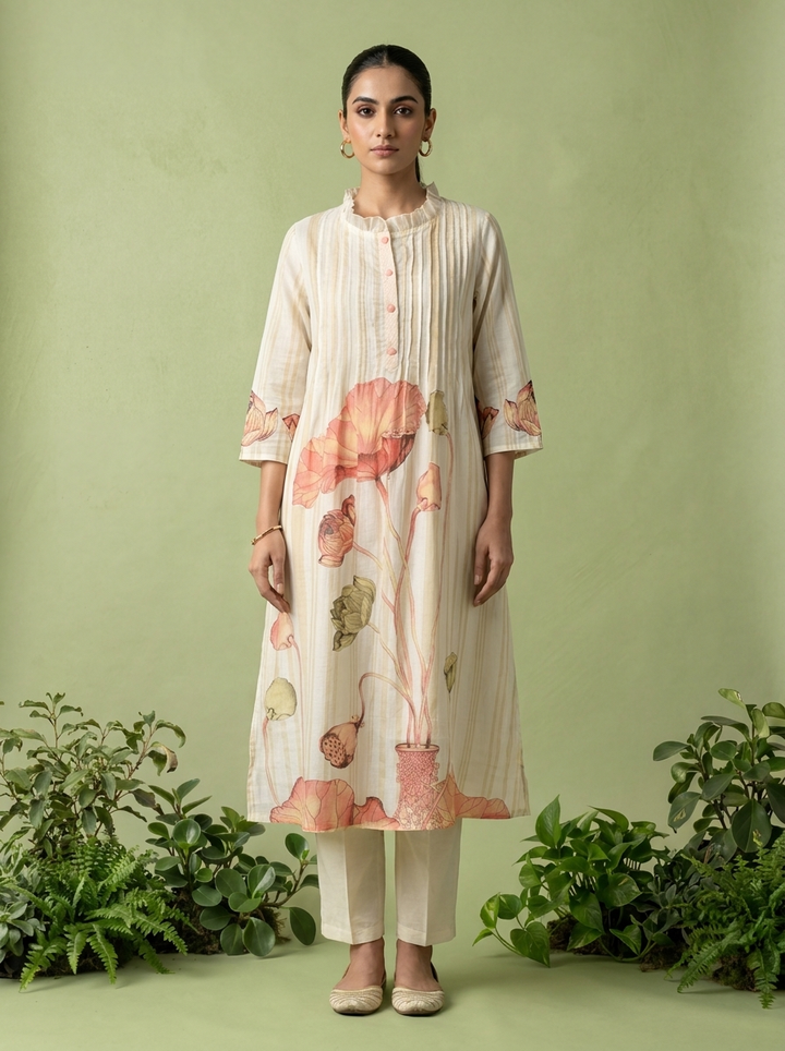 Peach And White Cotton Pleated Design Two Piece Set