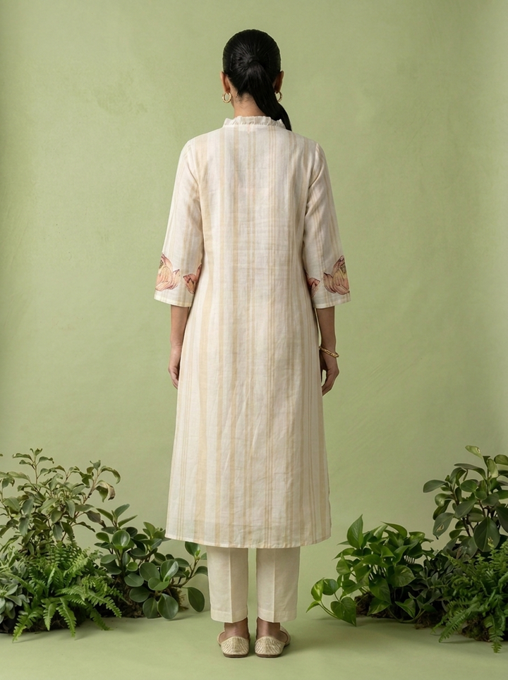 Peach And White Cotton Pleated Design Two Piece Set