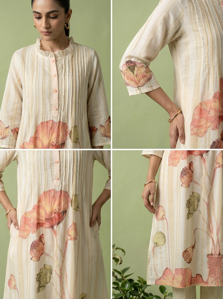 Peach And White Cotton Pleated Design Two Piece Set