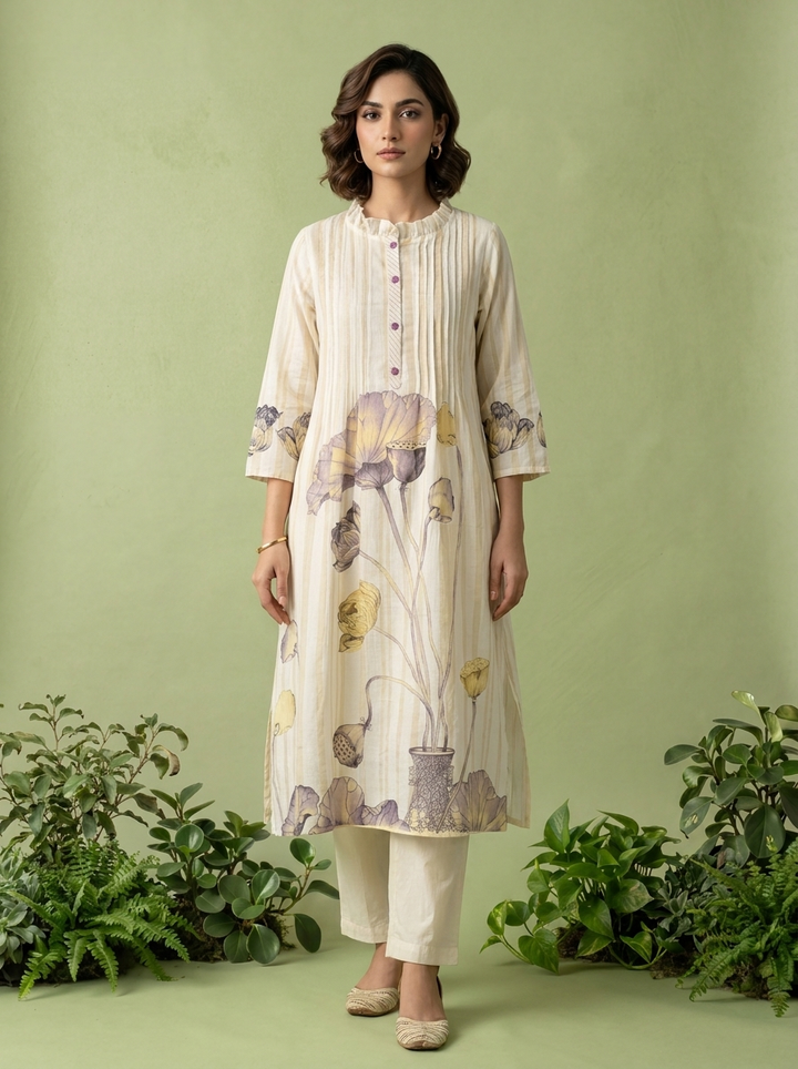 Lavender And White Cotton Pleated Design Two Piece Set