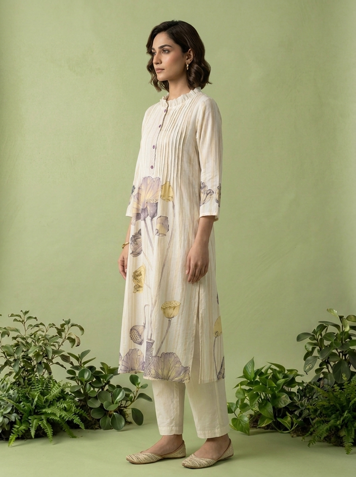 Lavender And White Cotton Pleated Design Two Piece Set