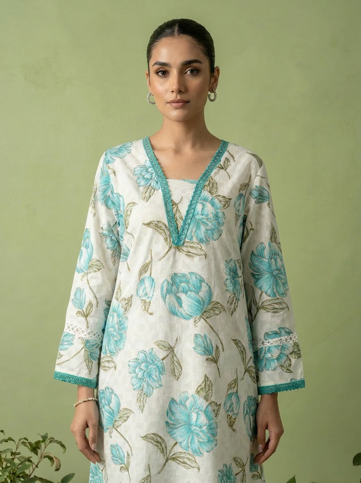 Green And White Floral Printed Cotton Two Piece Set