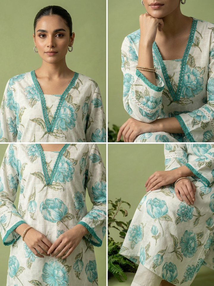 Green And White Floral Printed Cotton Two Piece Set