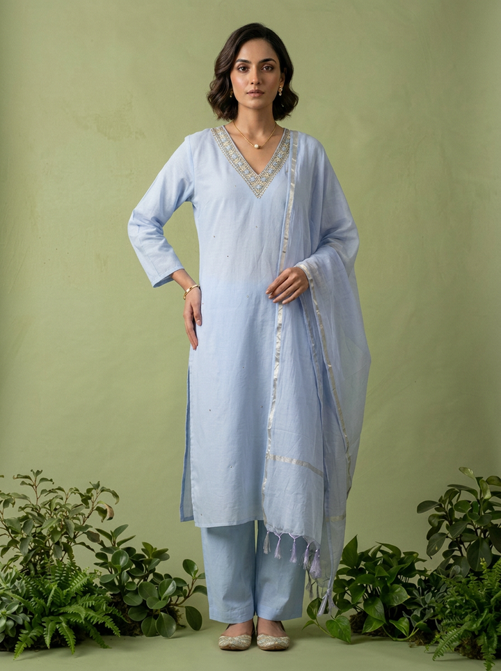 Blue Chanderi Beads And Thread Embroidery Three Piece Set