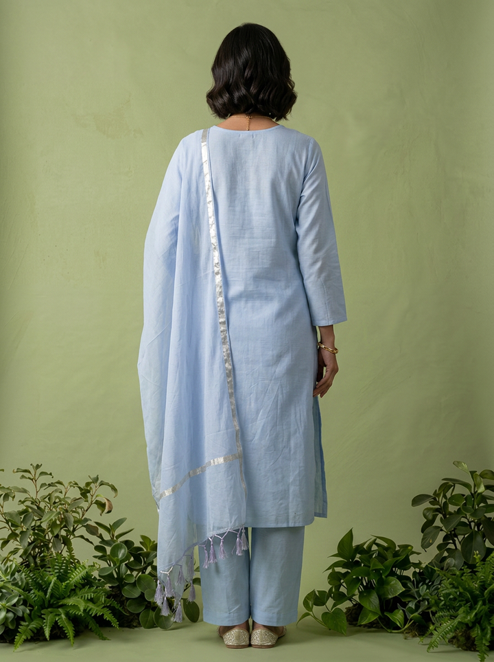 Blue Chanderi Beads And Thread Embroidery Three Piece Set