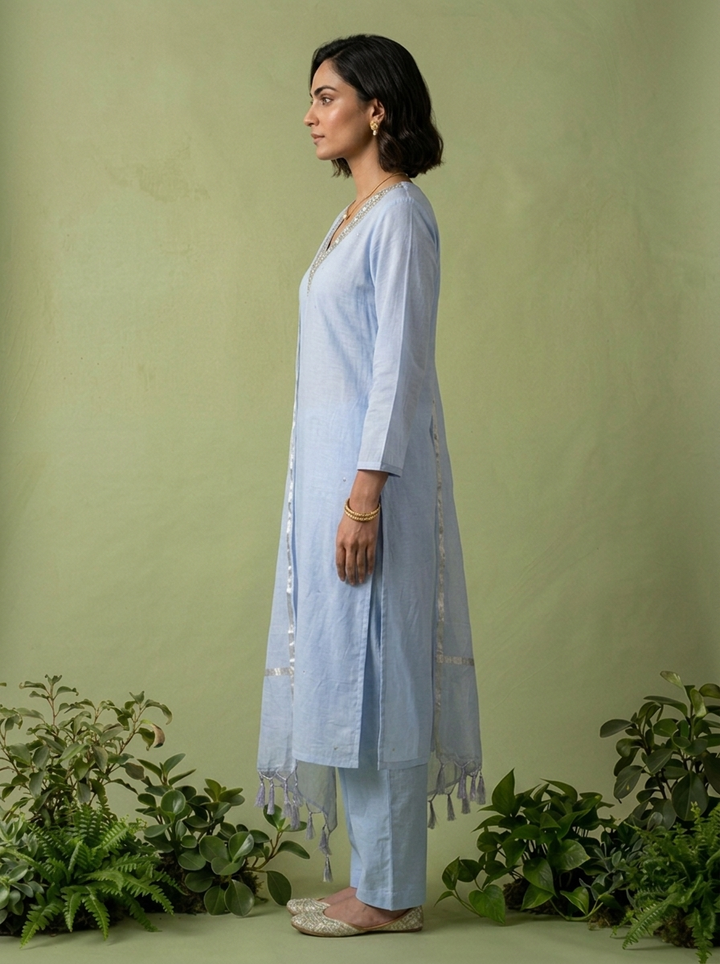 Blue Chanderi Beads And Thread Embroidery Three Piece Set