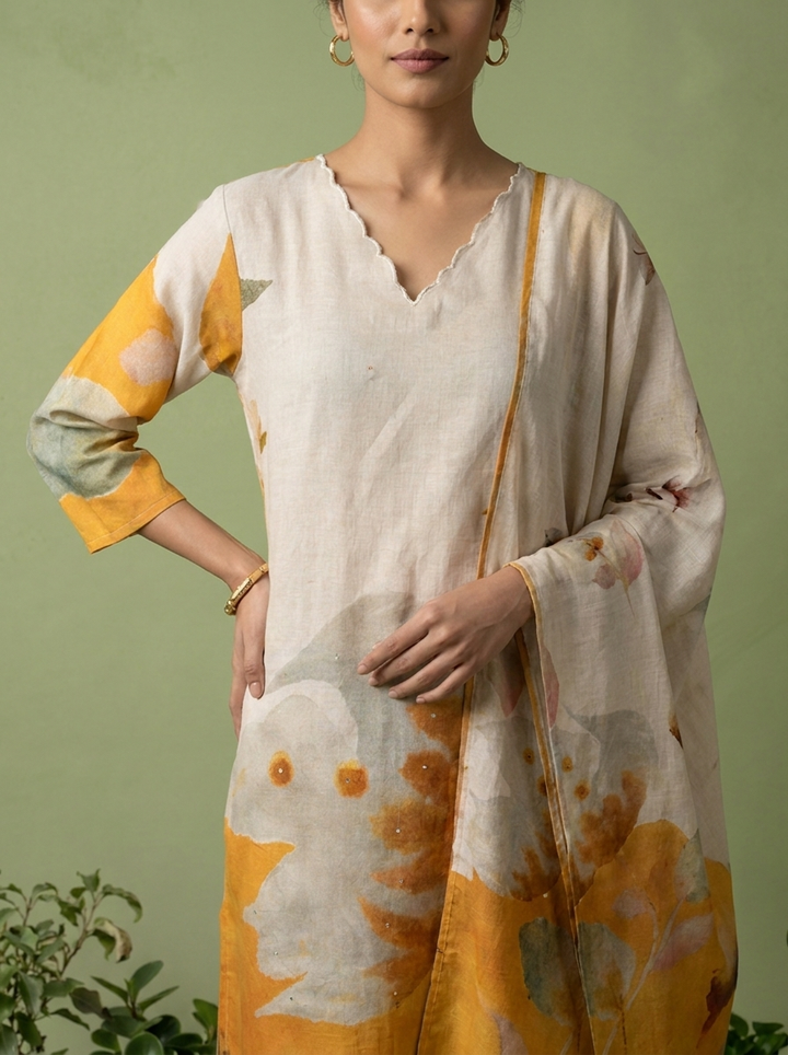 Mustard And White Digital Printed Cotton Three Piece Set