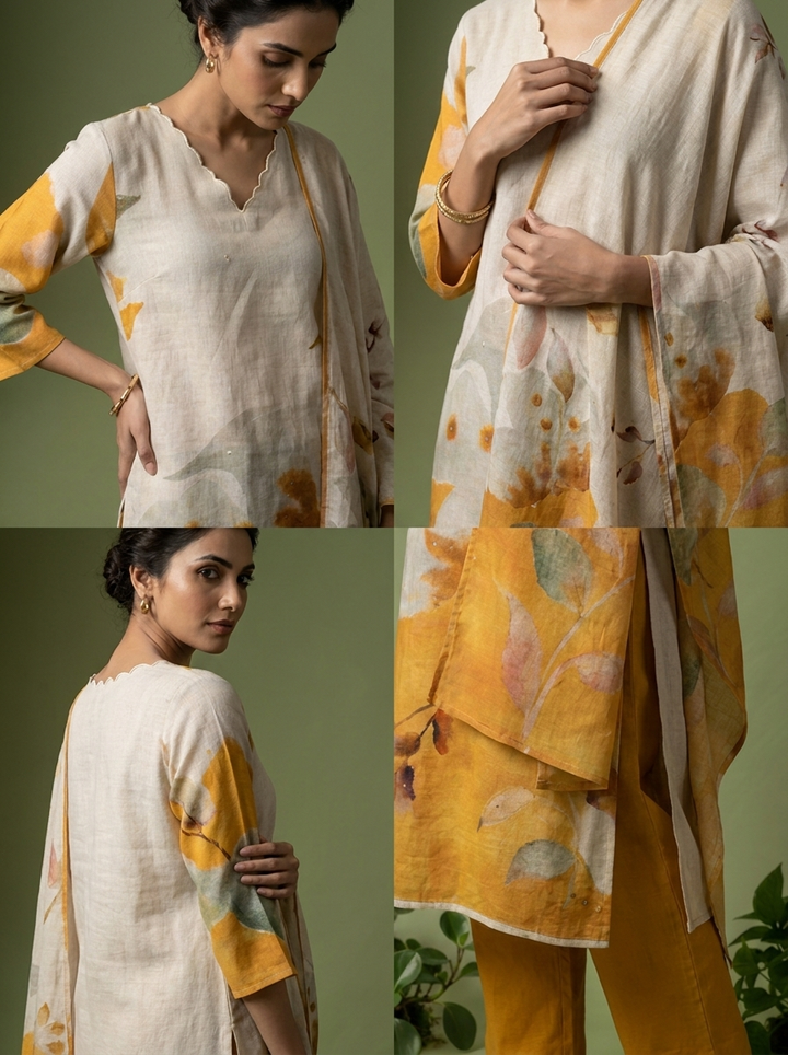 Mustard And White Digital Printed Cotton Three Piece Set