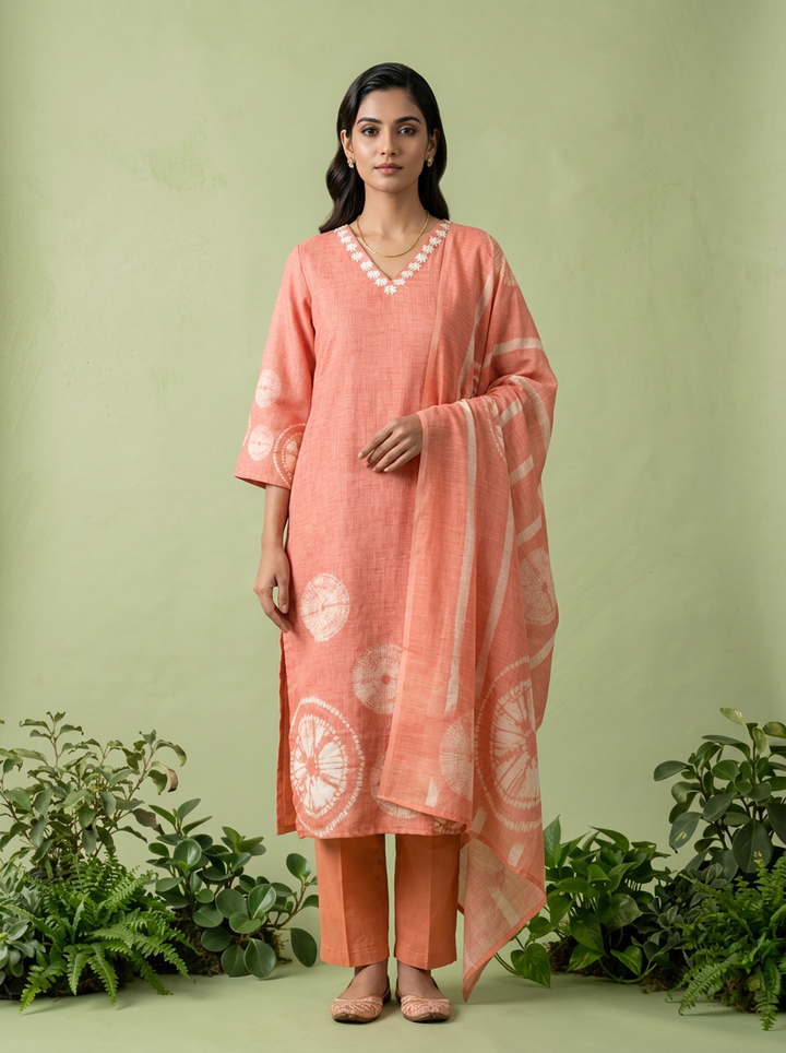 Peach Linen Floral Thread Embroidery And Printed Three Piece Set