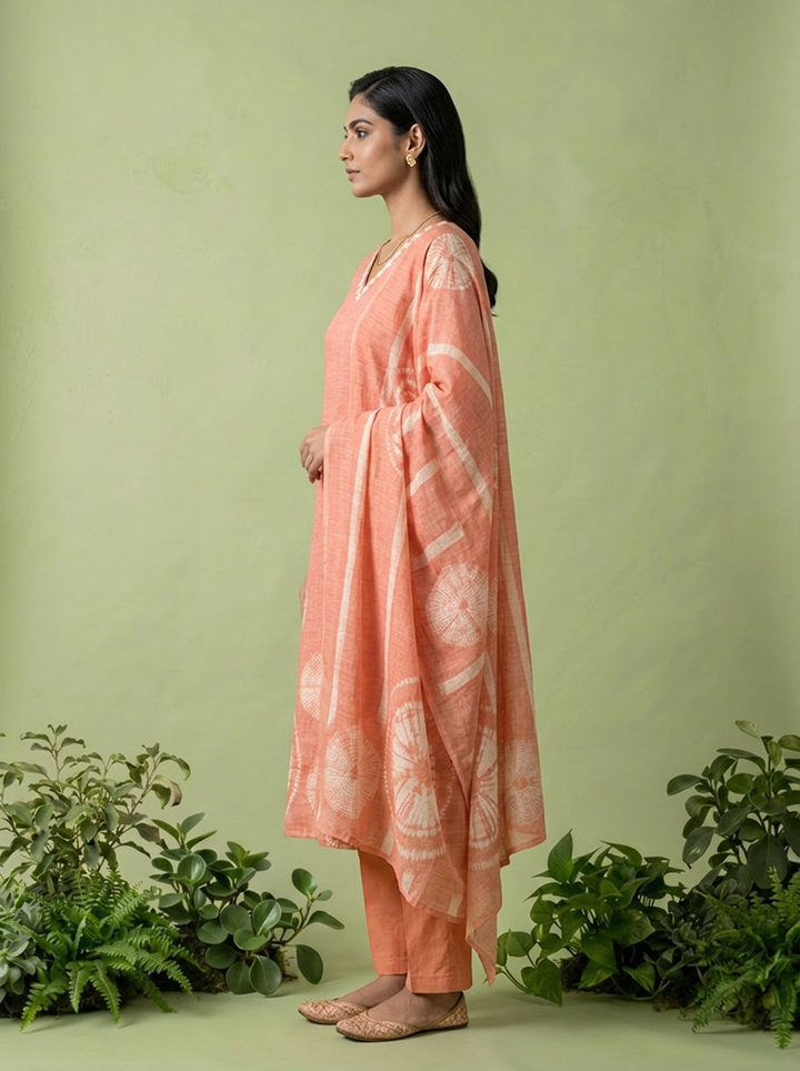 Peach Linen Floral Thread Embroidery And Printed Three Piece Set