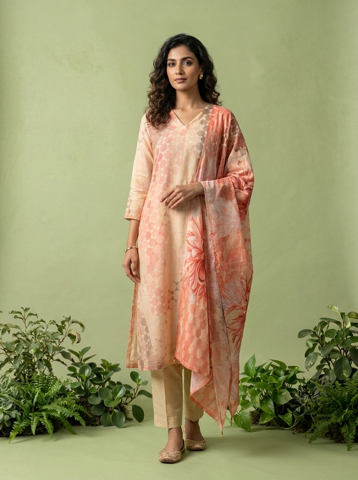 Beige And Peach Chanderi Three Piece Set With Floral Printed Dupatta
