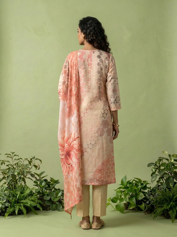 Beige And Peach Chanderi Three Piece Set With Floral Printed Dupatta