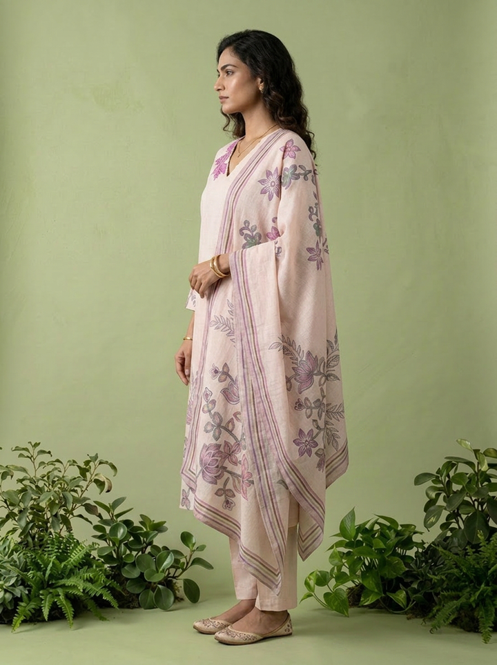 Baby Pink Floral Hand Embroidered Linen Three Piece Set