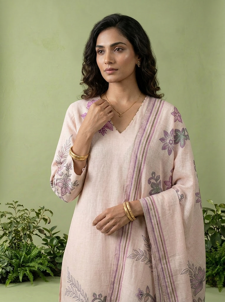 Baby Pink Floral Hand Embroidered Linen Three Piece Set