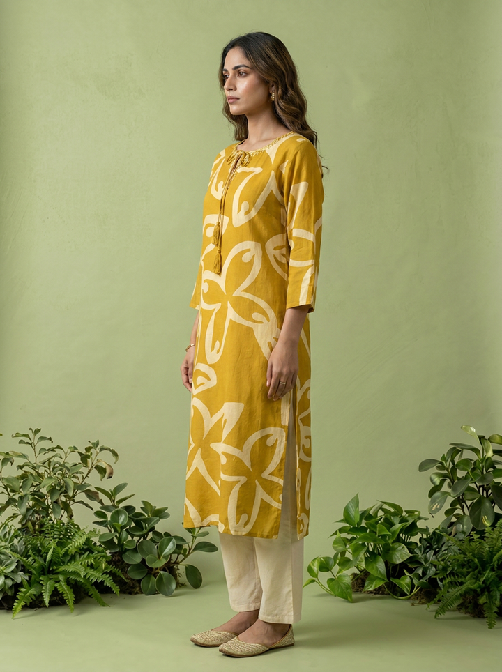 Mustard Floral Printed Silk Kurta