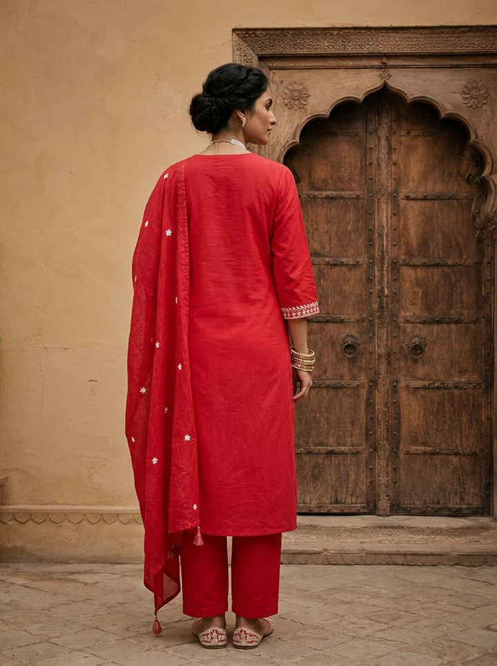 Rani Heavy Floral Thread And Paisley Embroidery Cotton Three Piece Set