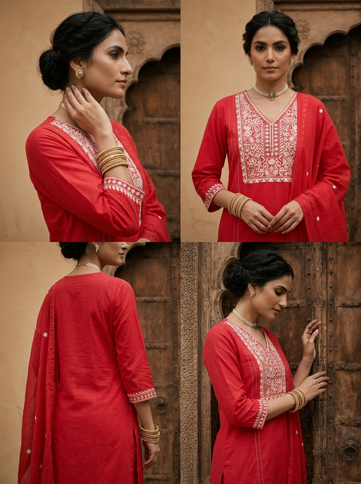 Rani Heavy Floral Thread And Paisley Embroidery Cotton Three Piece Set