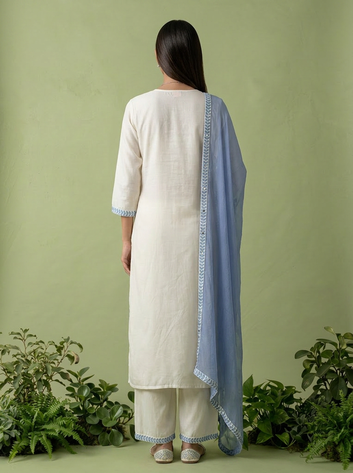 White And Blue Heavy Floral Thread Embroidery Rayon Three Piece Set