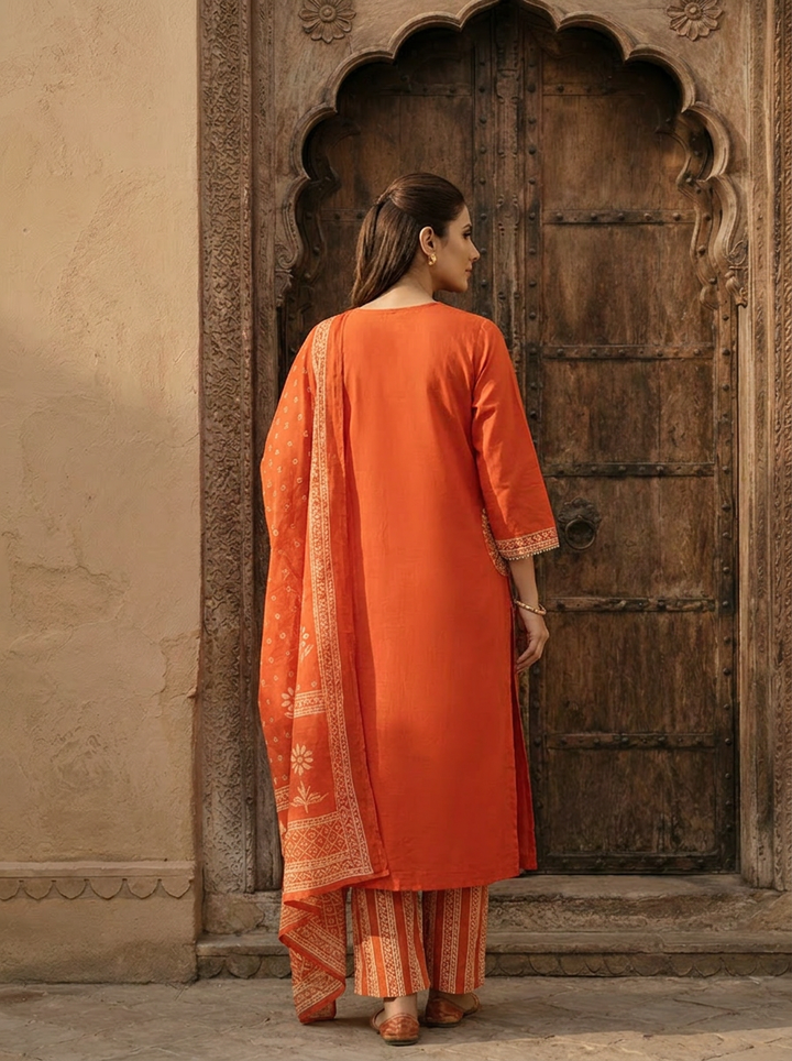 Orange Cotton Patch Embroidery Three Piece Set