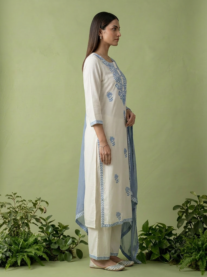 White And Blue Heavy Floral Thread Embroidery Rayon Three Piece Set