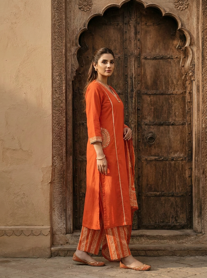 Orange Cotton Patch Embroidery Three Piece Set