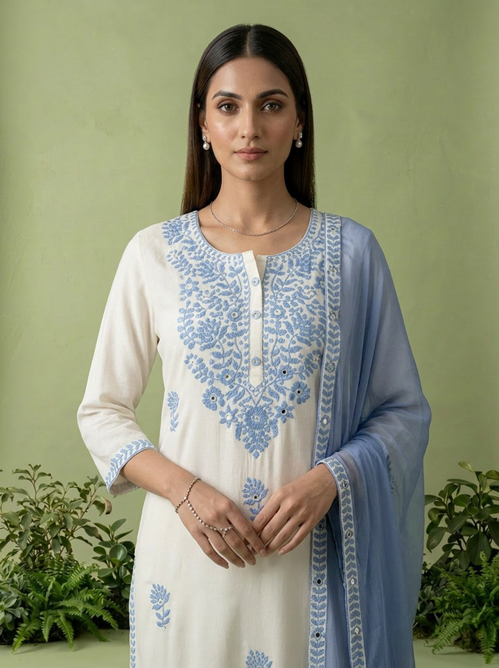 White And Blue Heavy Floral Thread Embroidery Rayon Three Piece Set