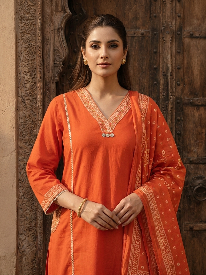 Orange Cotton Patch Embroidery Three Piece Set