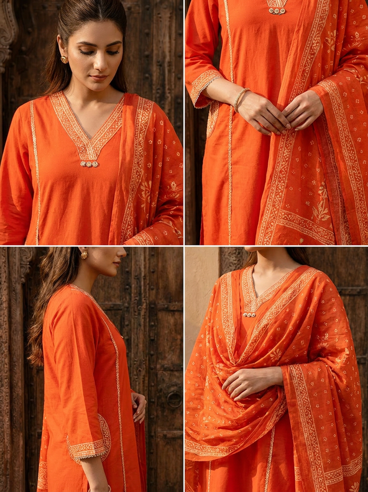 Orange Cotton Patch Embroidery Three Piece Set
