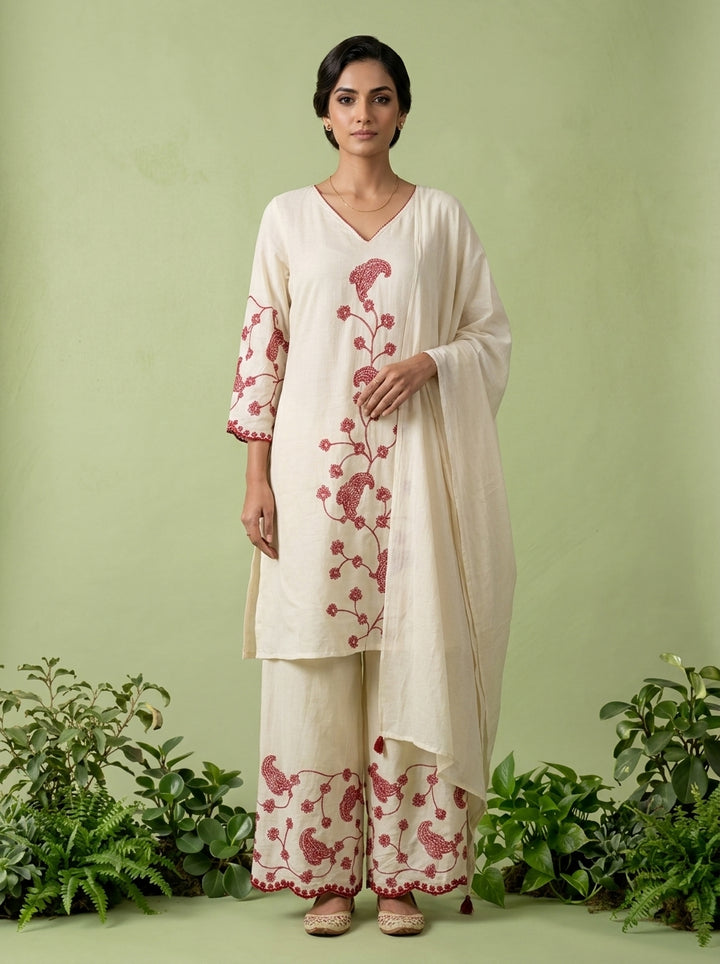 Wine Thread Embroidered Cotton Three Piece Set