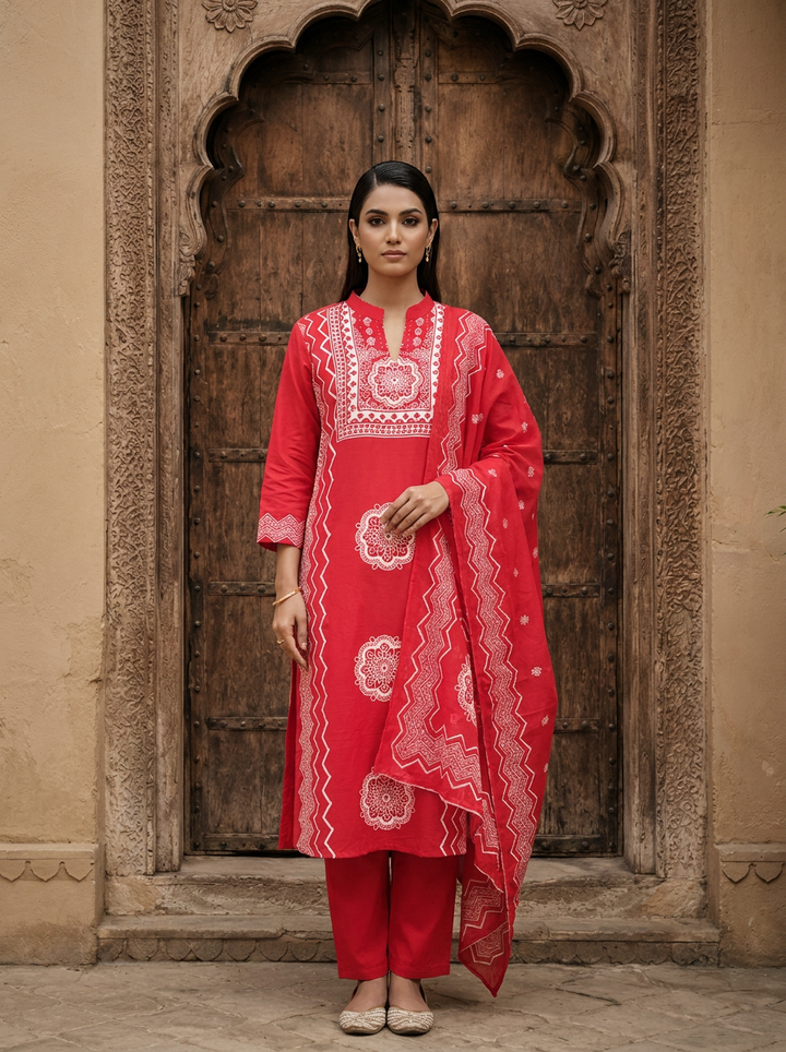 Rani Pink Cotton Chevron And Floral Printed Three Piece Set