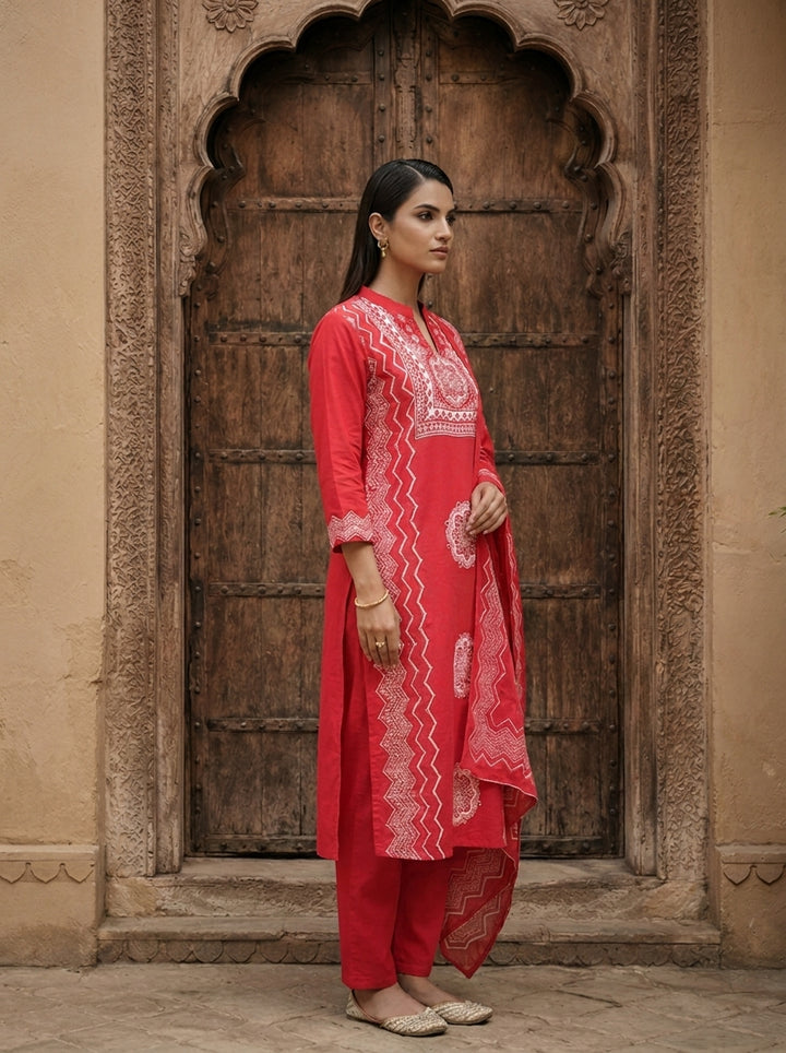 Rani Pink Cotton Chevron And Floral Printed Three Piece Set