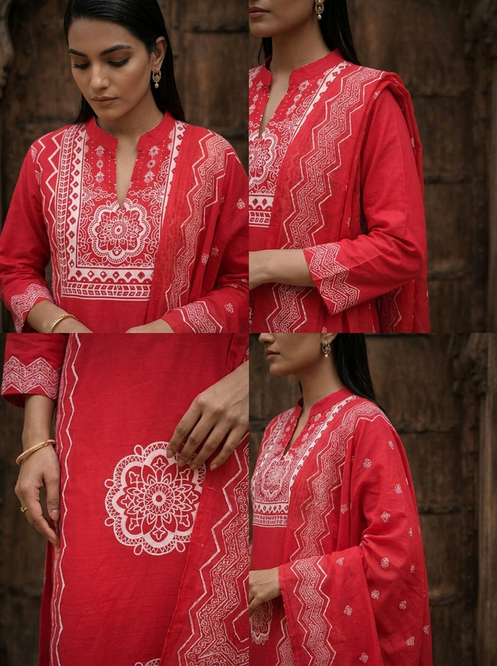 Rani Pink Cotton Chevron And Floral Printed Three Piece Set