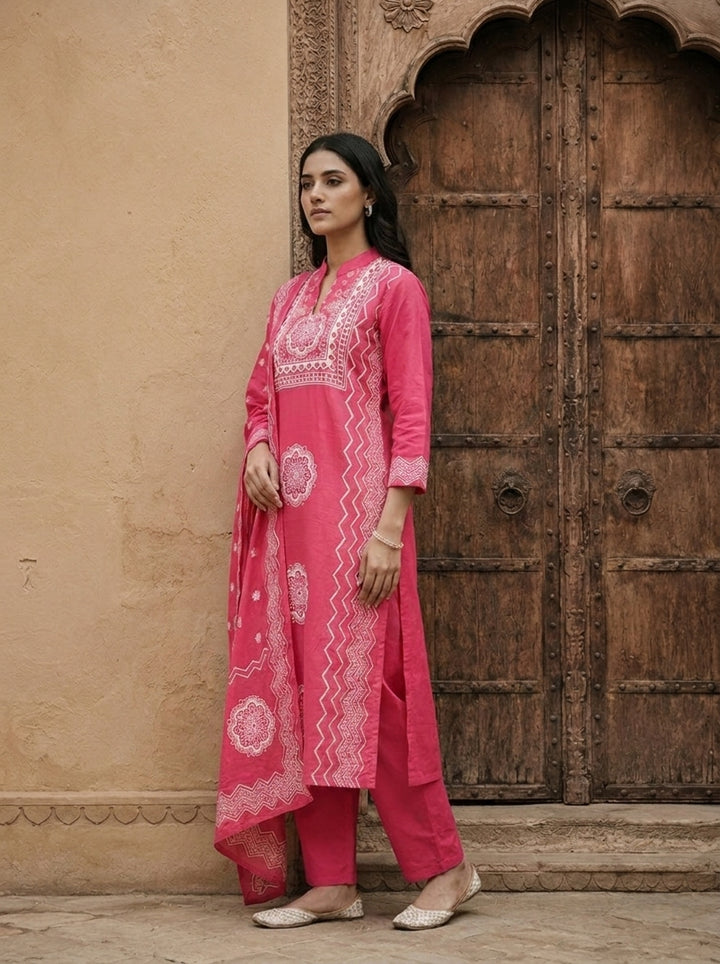 Rose Cotton Chevron And Floral Printed Three Piece Set