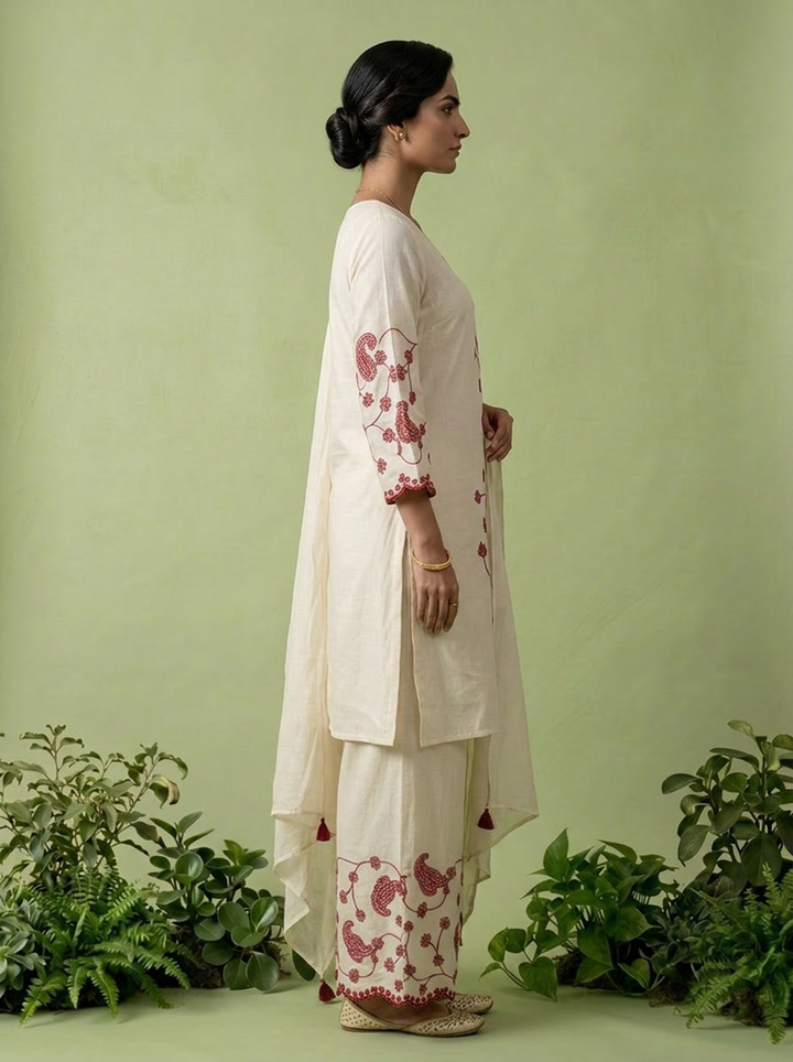 Wine Thread Embroidered Cotton Three Piece Set