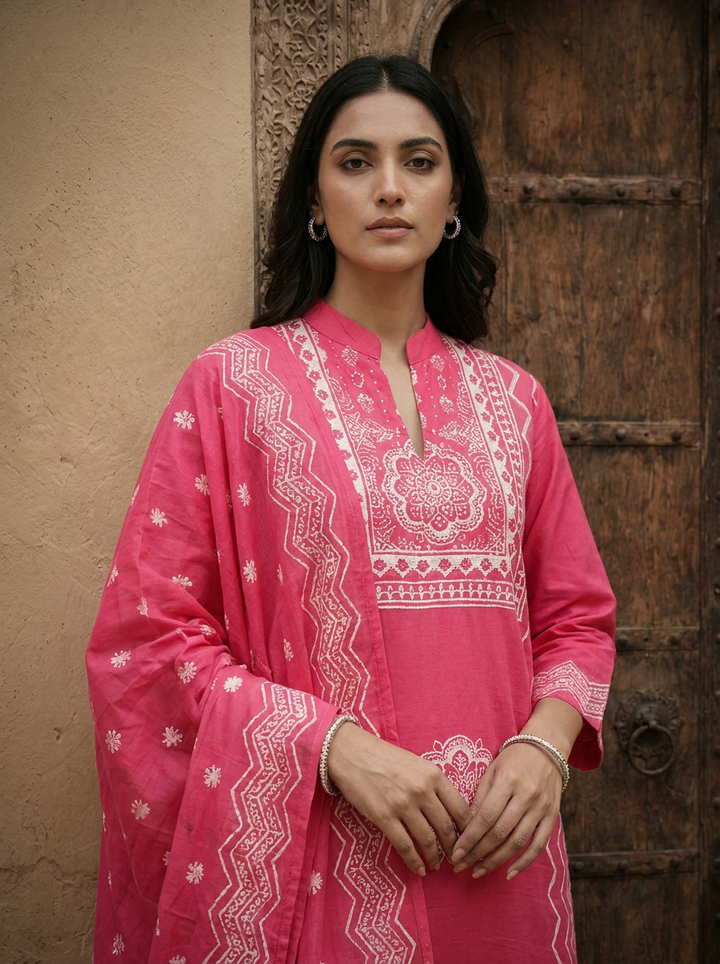 Rose Cotton Chevron And Floral Printed Three Piece Set