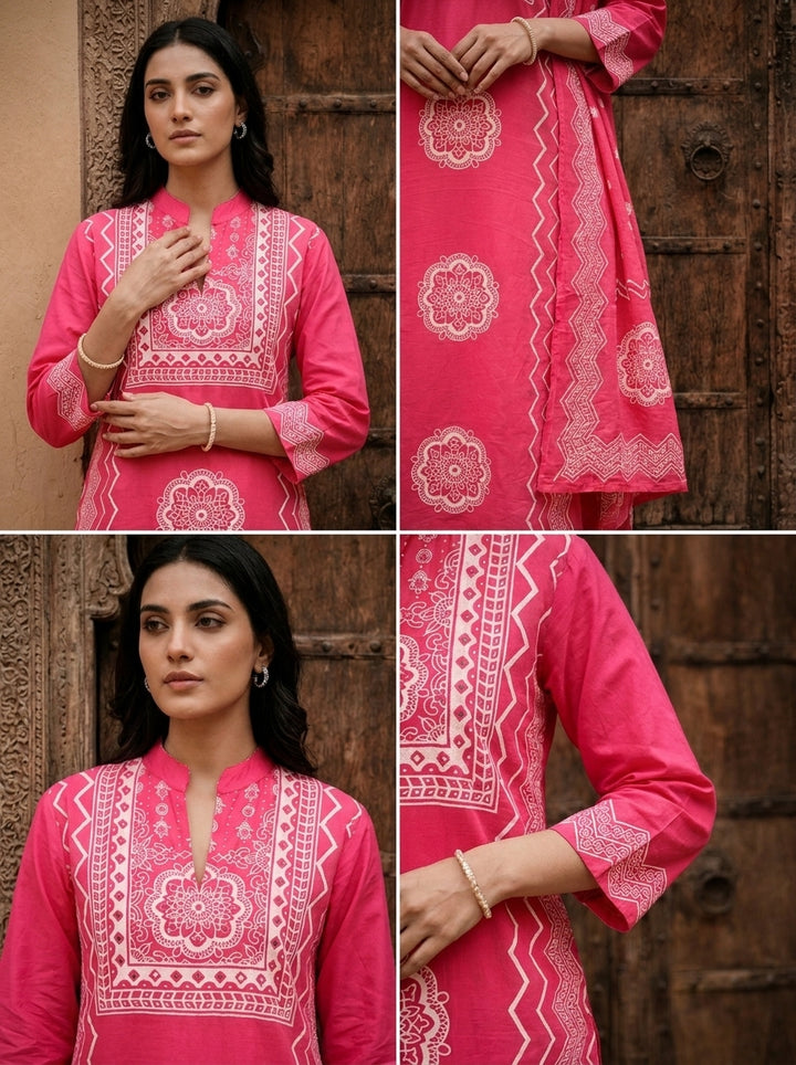 Rose Cotton Chevron And Floral Printed Three Piece Set